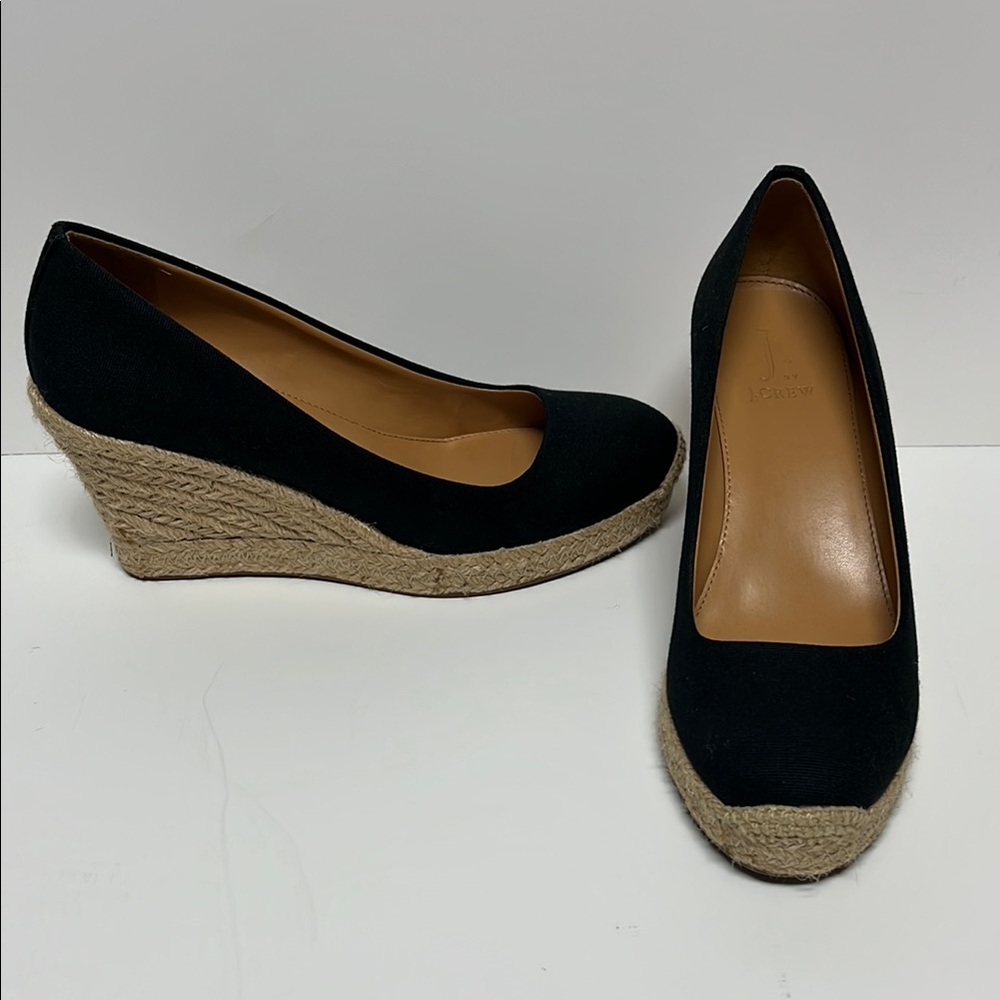J. Crew Black and Tan Wedge Espadrilles